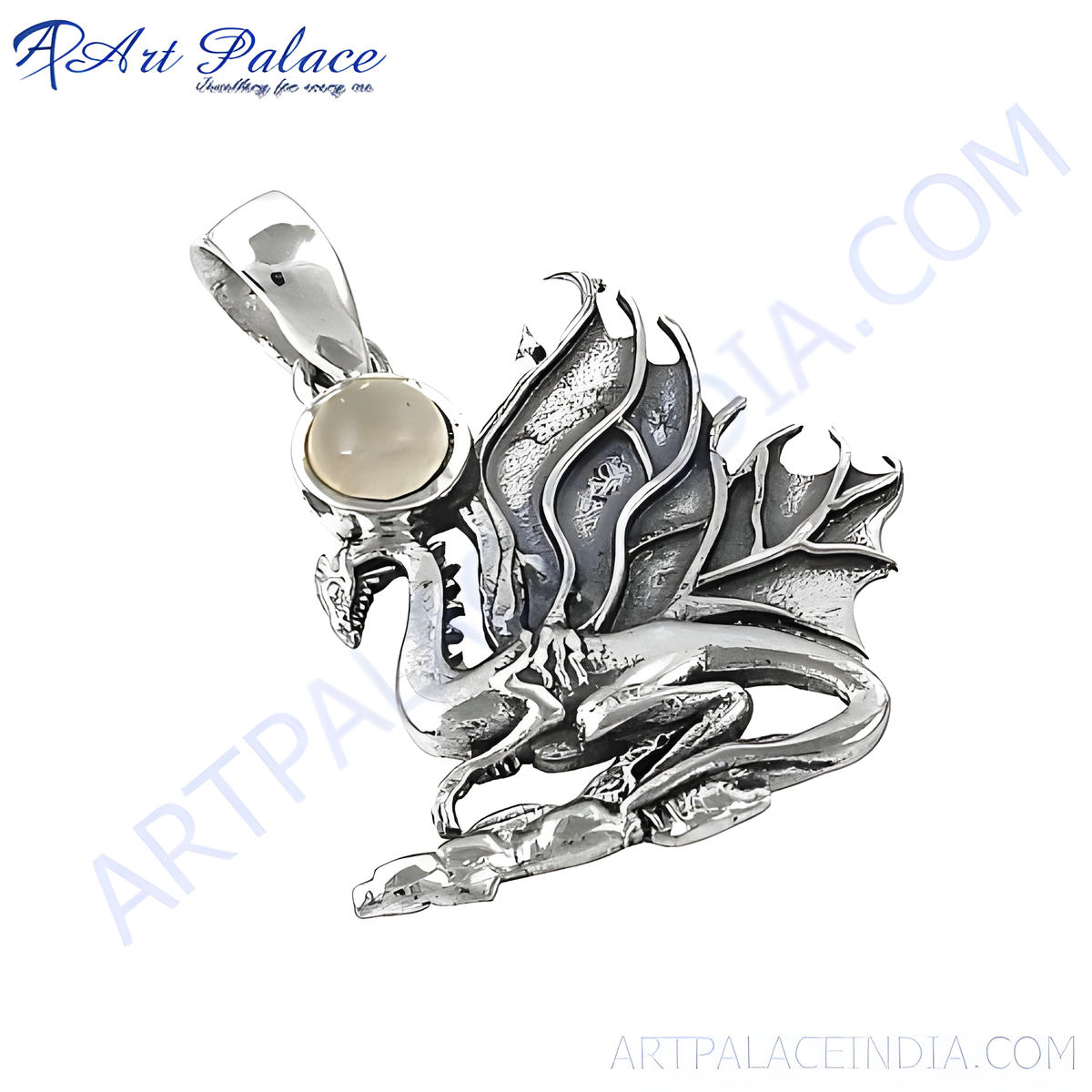 925 sterling silver dragon pendant with pearlescent stone, detailed fantasy jewelry