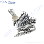 Load image into Gallery viewer, 925 sterling silver dragon pendant with pearlescent stone, detailed fantasy jewelry
