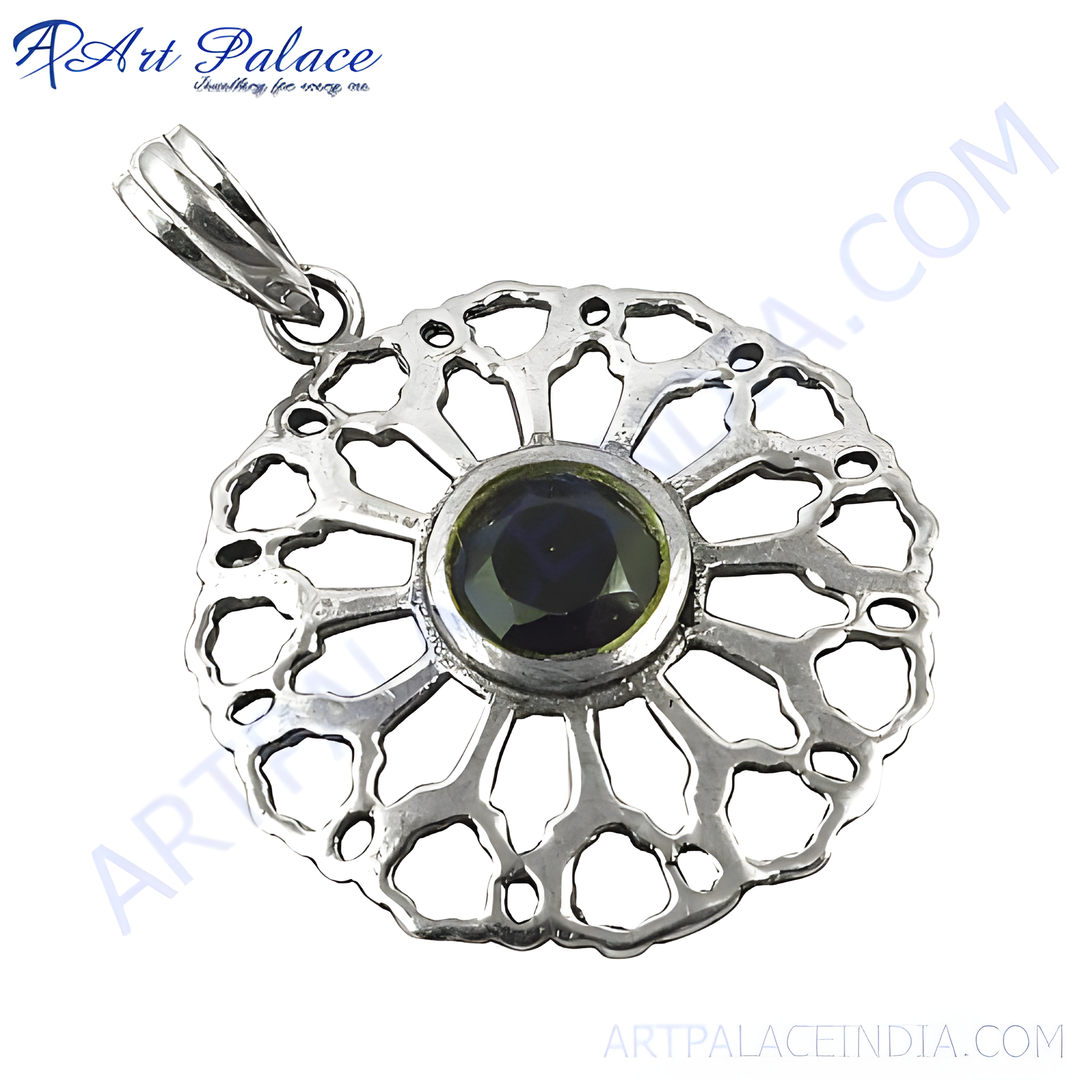 925 sterling silver pendant with a central green gemstone, openwork Art Deco style, perfect for women.