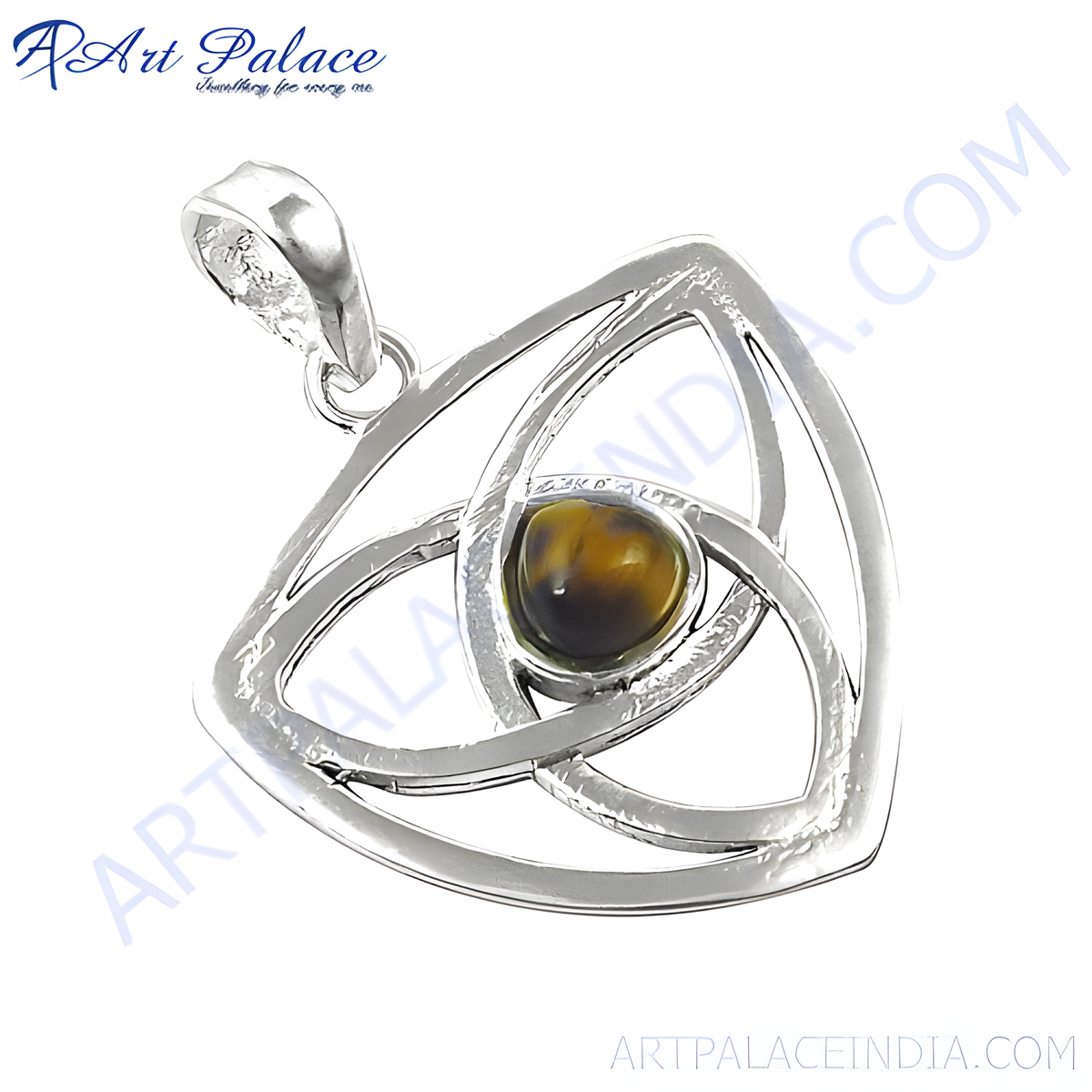 925 sterling silver pendant with a round tiger eye gemstone set in a unique openwork design