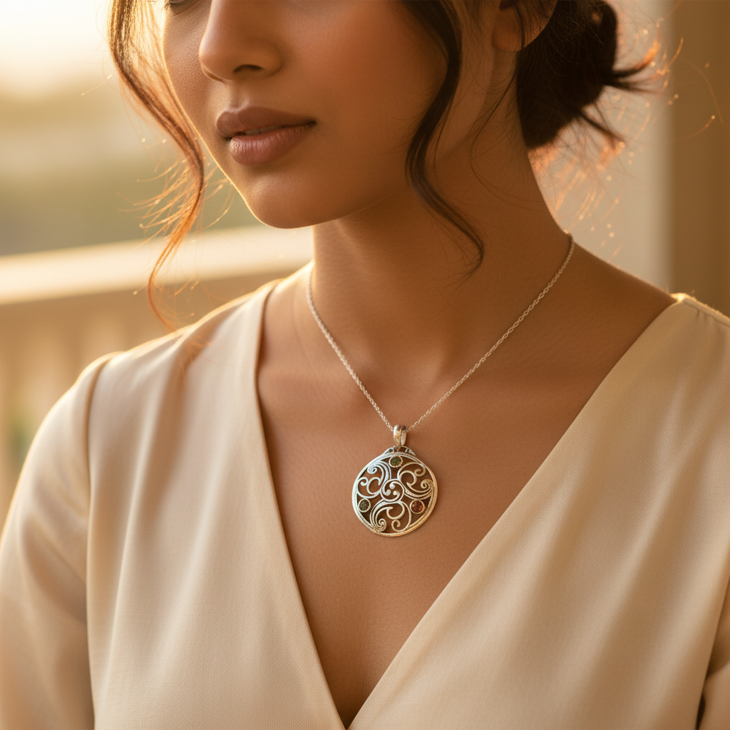 925 Silver Filigree Pendant with Gemstones for Women