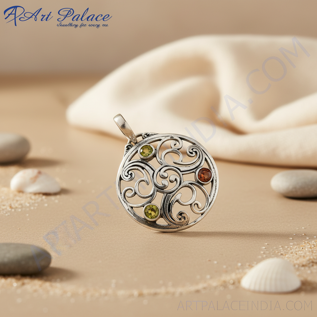 925 silver filigree pendant with gemstones for women