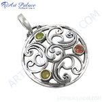 Load image into Gallery viewer, 925 sterling silver filigree pendant with three gemstones in green and red
