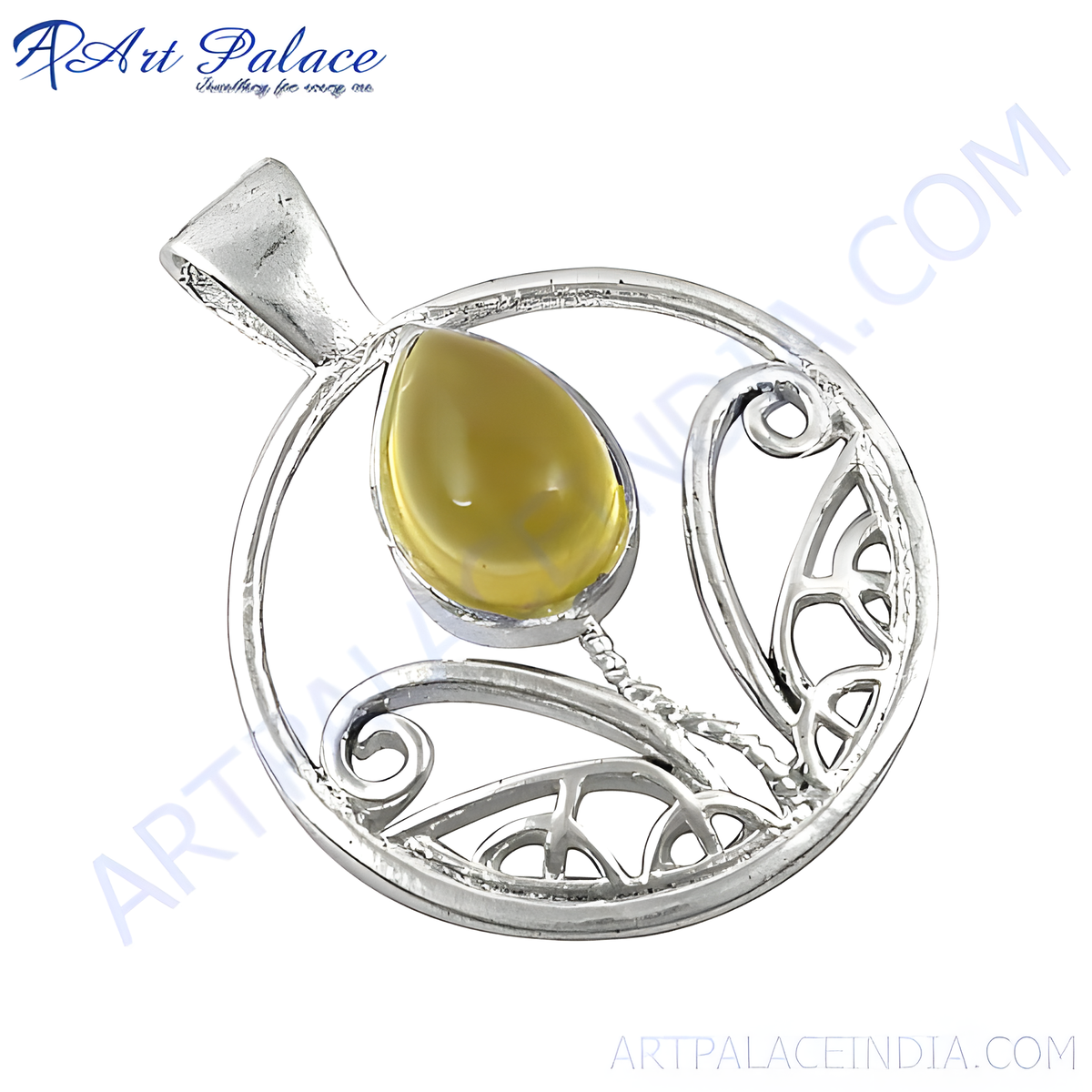 925 sterling silver citrine pendant with pear shaped yellow gemstone, openwork design