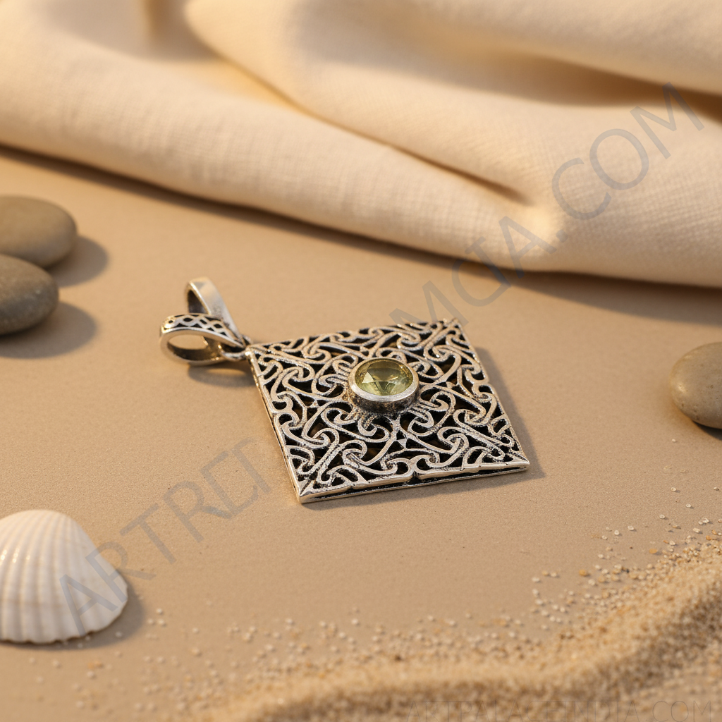 925 Silver Square Filigree Pendant with Green Gemstone