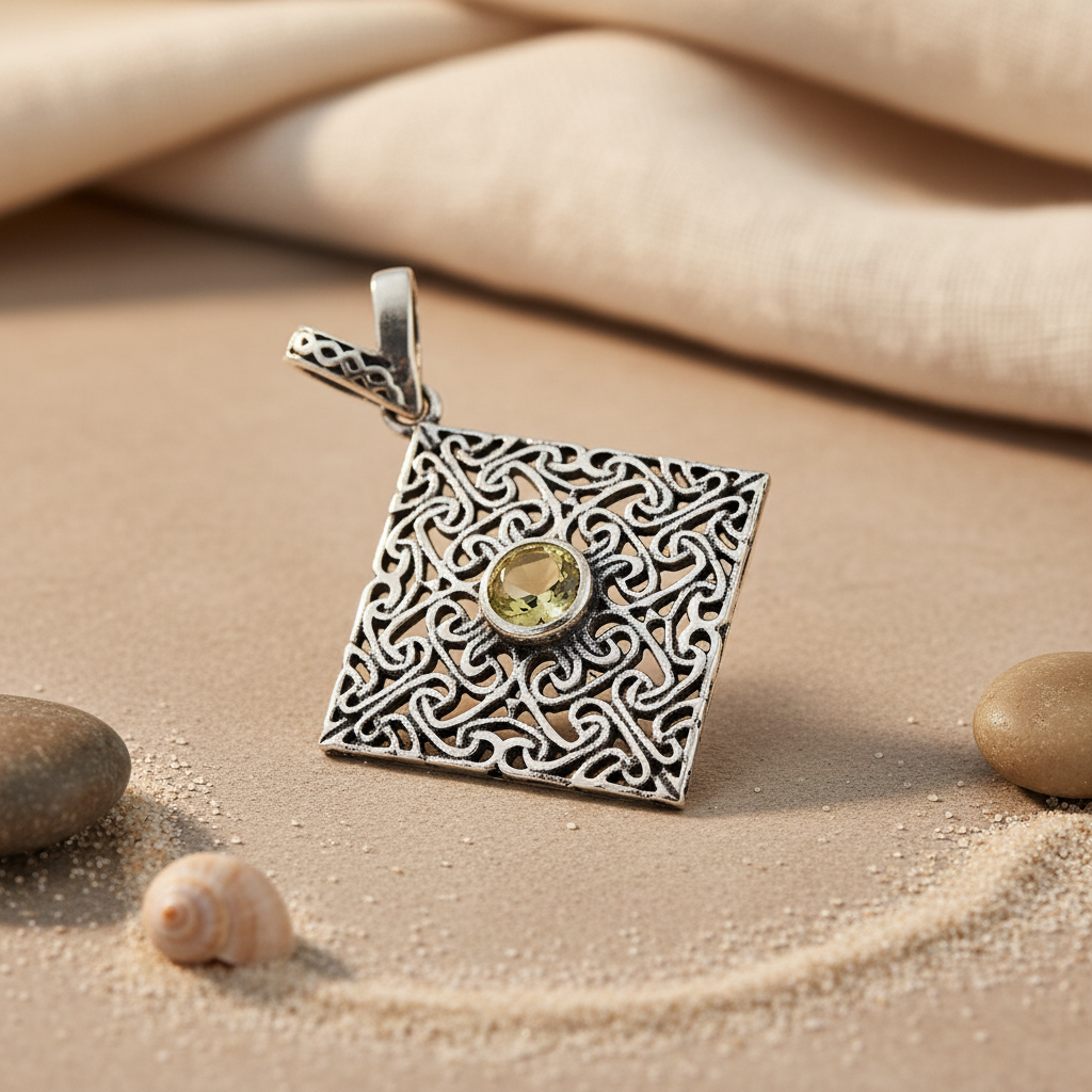 925 Silver Square Filigree Pendant with Green Gemstone