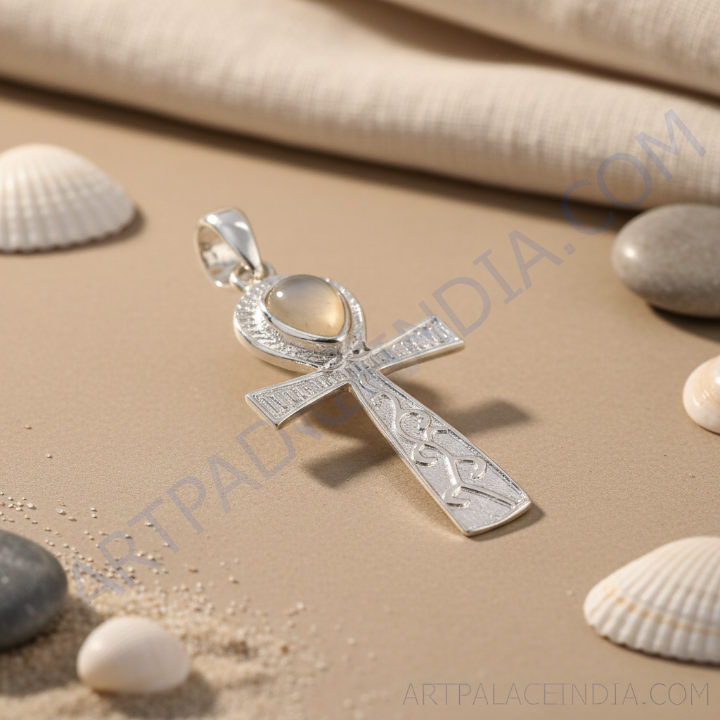 Colgante ankh de plata 925 con piedra lunar | joyería egipcia