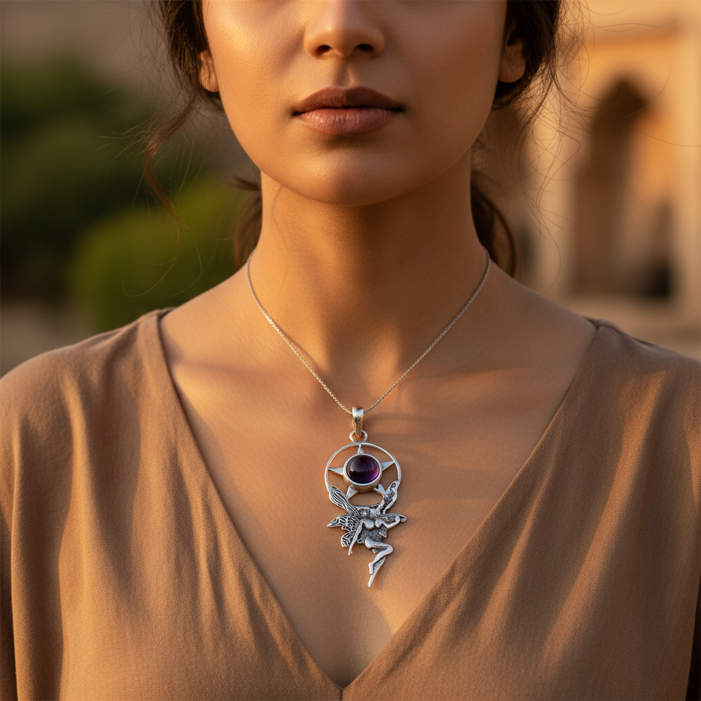 925 Silver Fairy Pendant with Amethyst Stone for Women