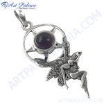 Load image into Gallery viewer, Sterling silver fairy pendant necklace with a purple amethyst gemstone center
