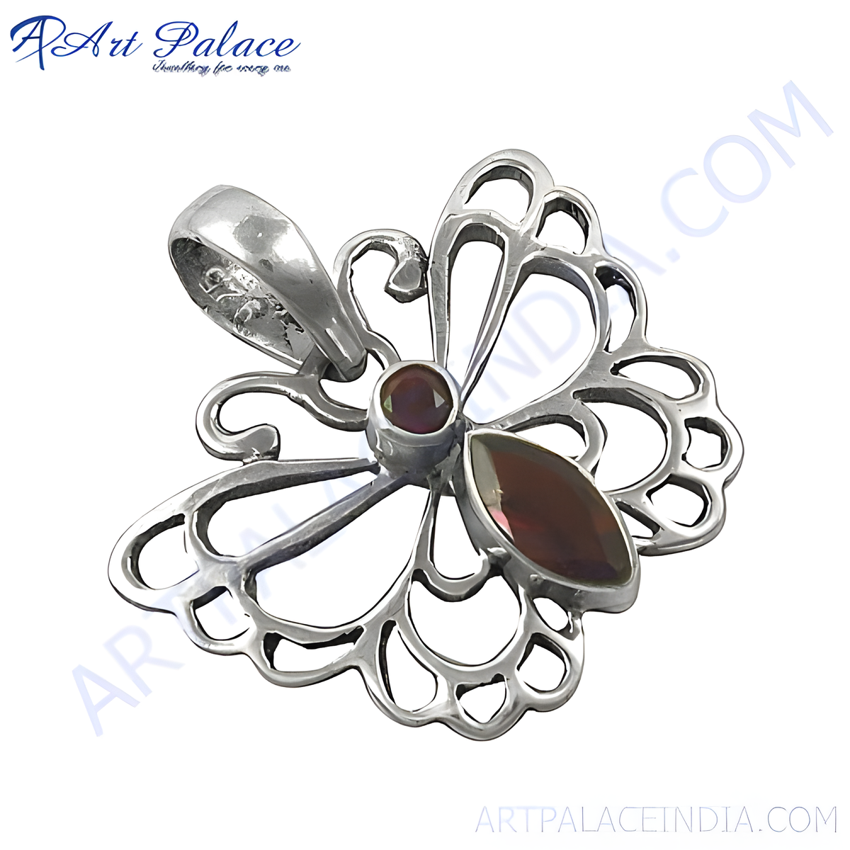 Sterling silver floral pendant with red garnet gemstones; women's pendant jewelry