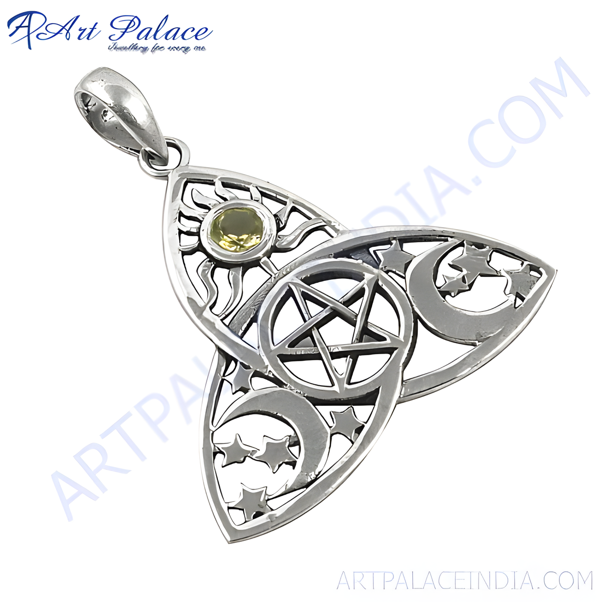 925 sterling silver trinity knot pendant with a gemstone center, featuring a pentacle, moons and stars
