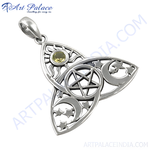 将图像加载到图库查看器中， 925 sterling silver trinity knot pendant with a gemstone center, featuring a pentacle, moons and stars
