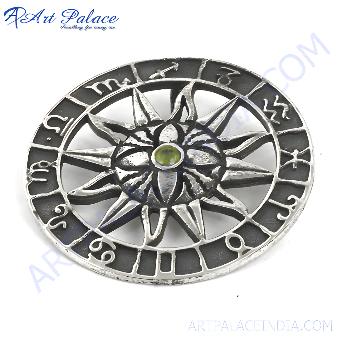 925 sterling silver zodiac pendant with a green gemstone center and detailed astrological symbols.