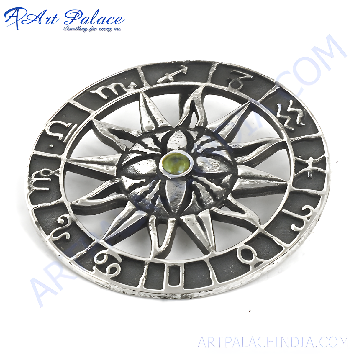 925 sterling silver zodiac pendant with a green gemstone center and detailed astrological symbols