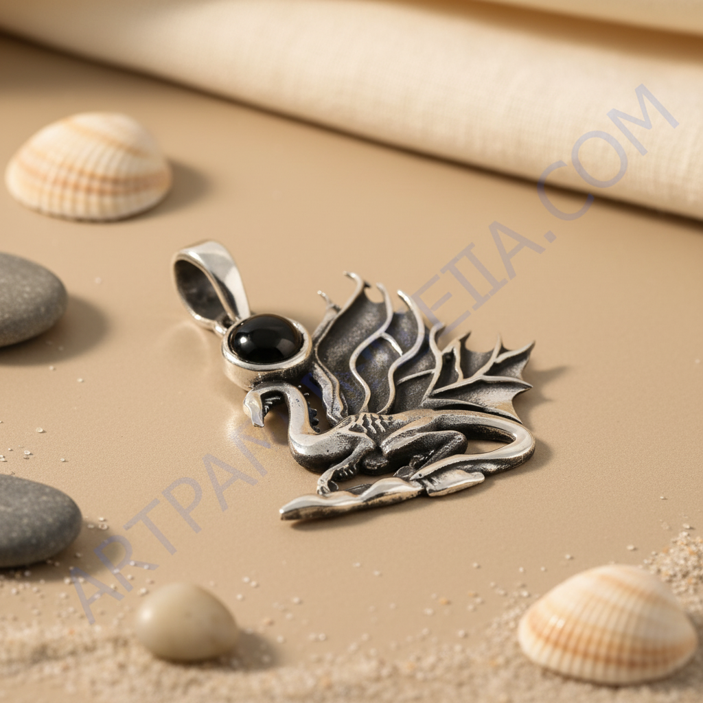 925 silver dragon pendant with black gemstone | gift for him