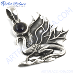 Load image into Gallery viewer, 925 sterling silver dragon pendant with a round black gemstone, silver dragon pendant
