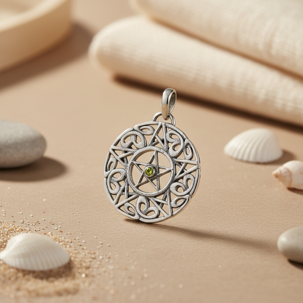 925 Silver Pentagram Pendant with Green Gemstone | Women's Necklace