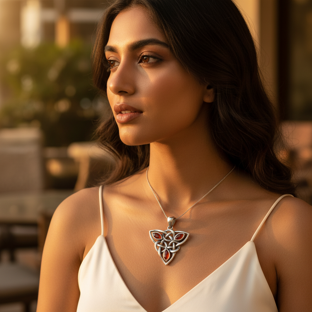 925 Sterling Silver Celtic Knot Pendant | Red Gemstone | Women's Jewelry