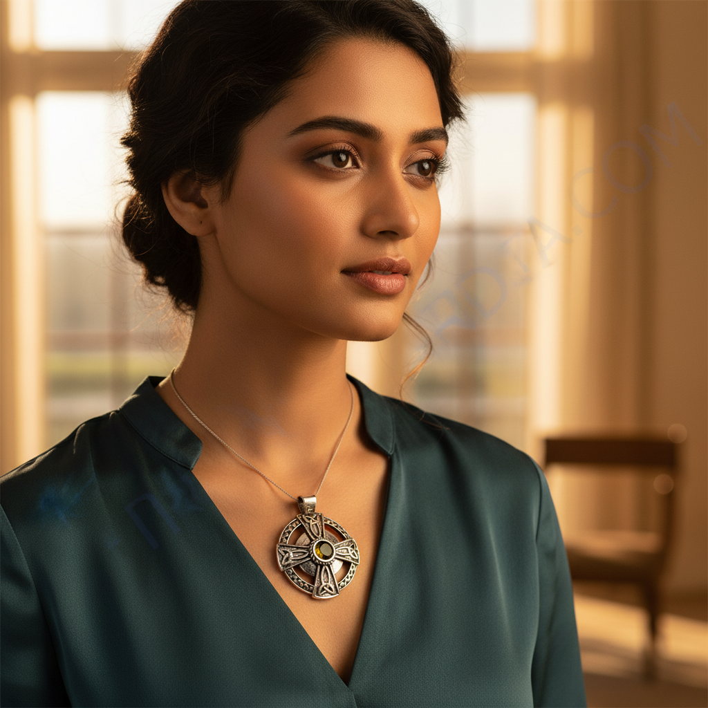 925 Silver Celtic Cross Pendant | Green Gemstone | Religious Gift