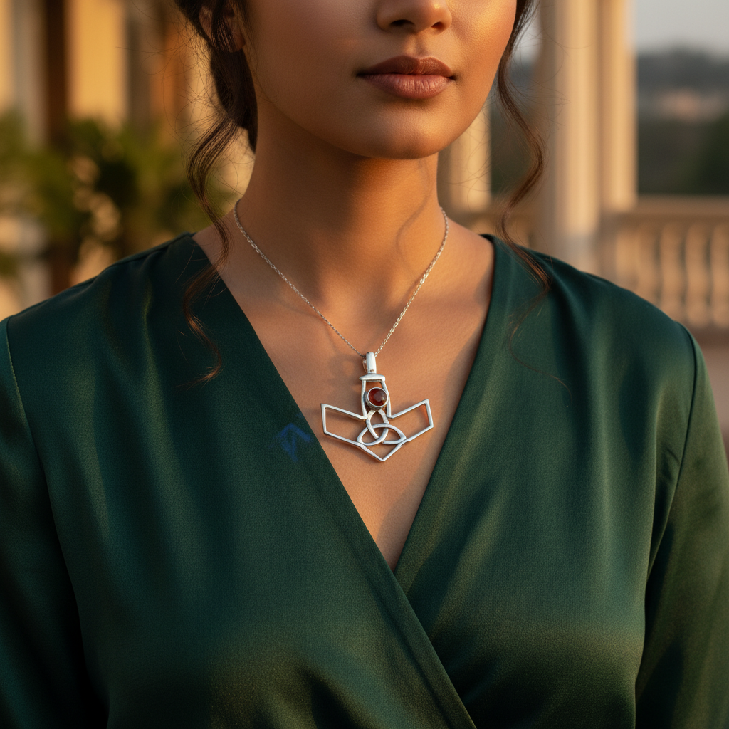 925 Silver Celtic Pendant with Red Gemstone for Women