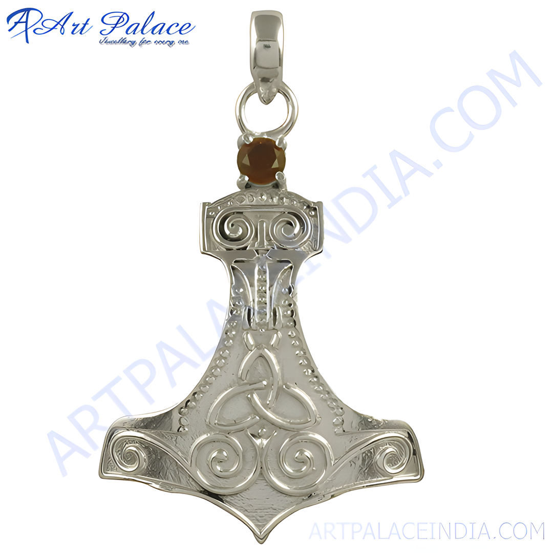 Sterling silver Thor's hammer pendant with brown gemstone, detailed Viking design