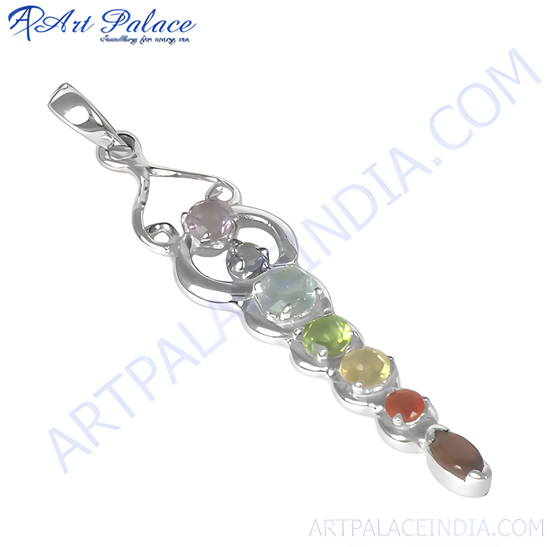 Sterling silver chakra pendant necklace with various colorful gemstones, ideal for women