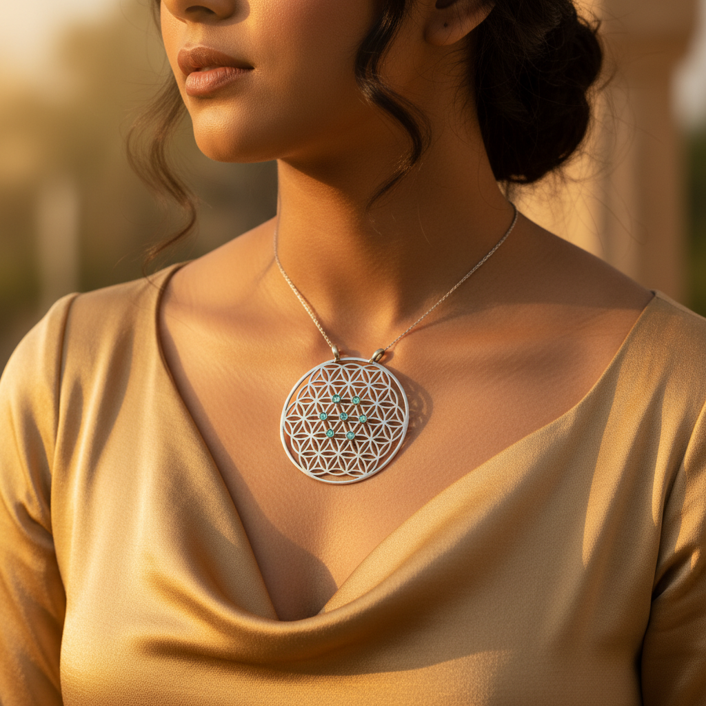 925 silver flower of life pendant with blue gemstones for women