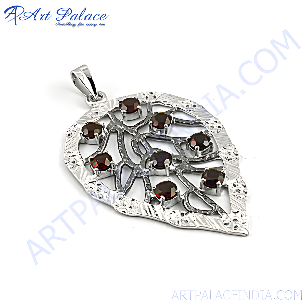 Sterling silver leaf pendant with round cut garnet gemstones, perfect for a gift