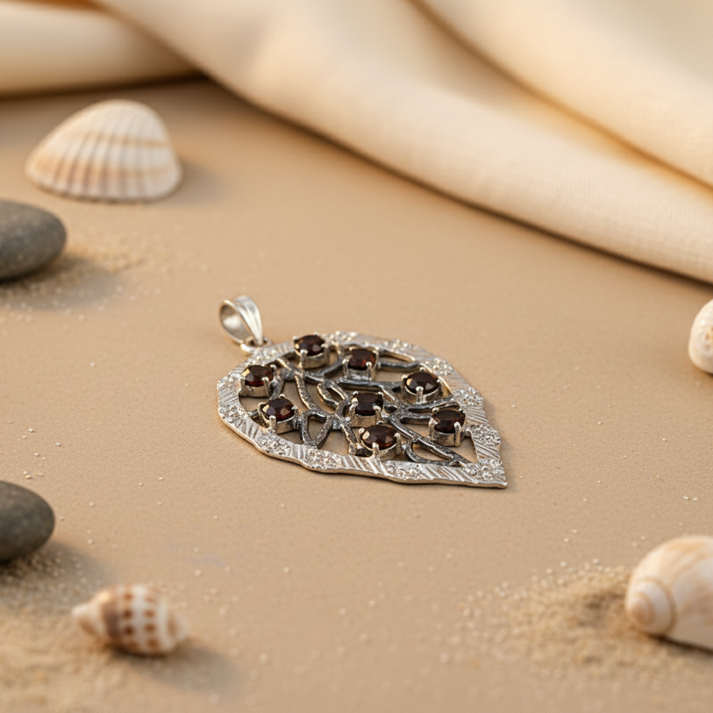 925 Silver Garnet Leaf Pendant for Women | Gemstone Jewelry