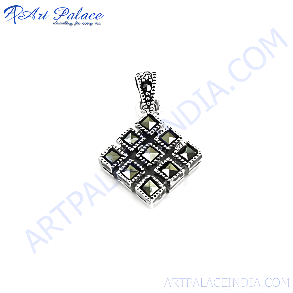 925 sterling silver marcasite pendant with square design for women, silver marcasite pendant