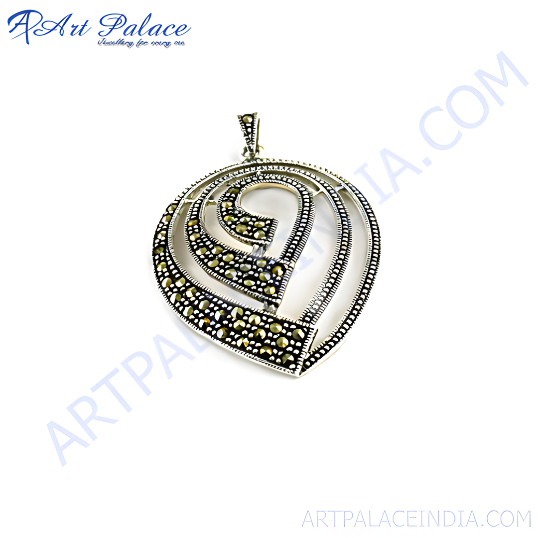 925 sterling silver heart pendant with marcasite stones on a white background, jewelry product