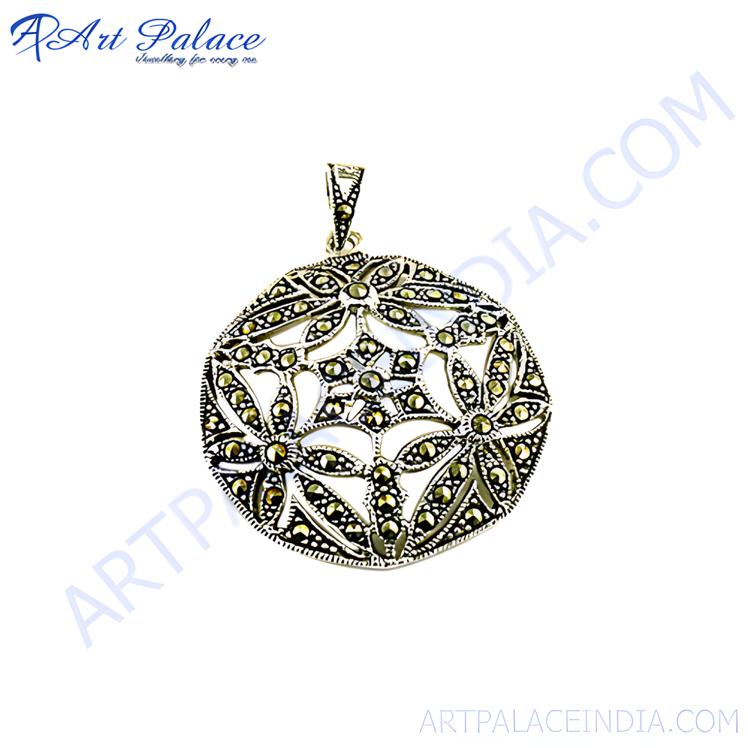 Sterling silver marcasite filigree pendant, featuring intricate design and sparkling gemstones, perfect for women.