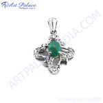 Load image into Gallery viewer, Sterling silver emerald cross pendant necklace with a green gemstone center for women
