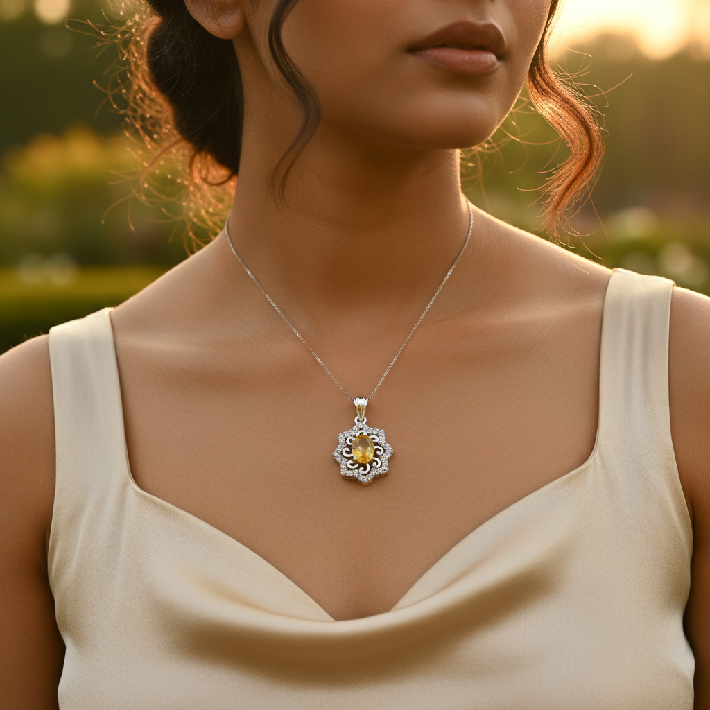 925纯银黄色宝石吊坠，女士款 | 精美珠宝礼品