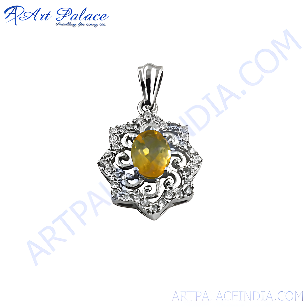 925 sterling silver pendant with a yellow gemstone center and diamond accents, for women