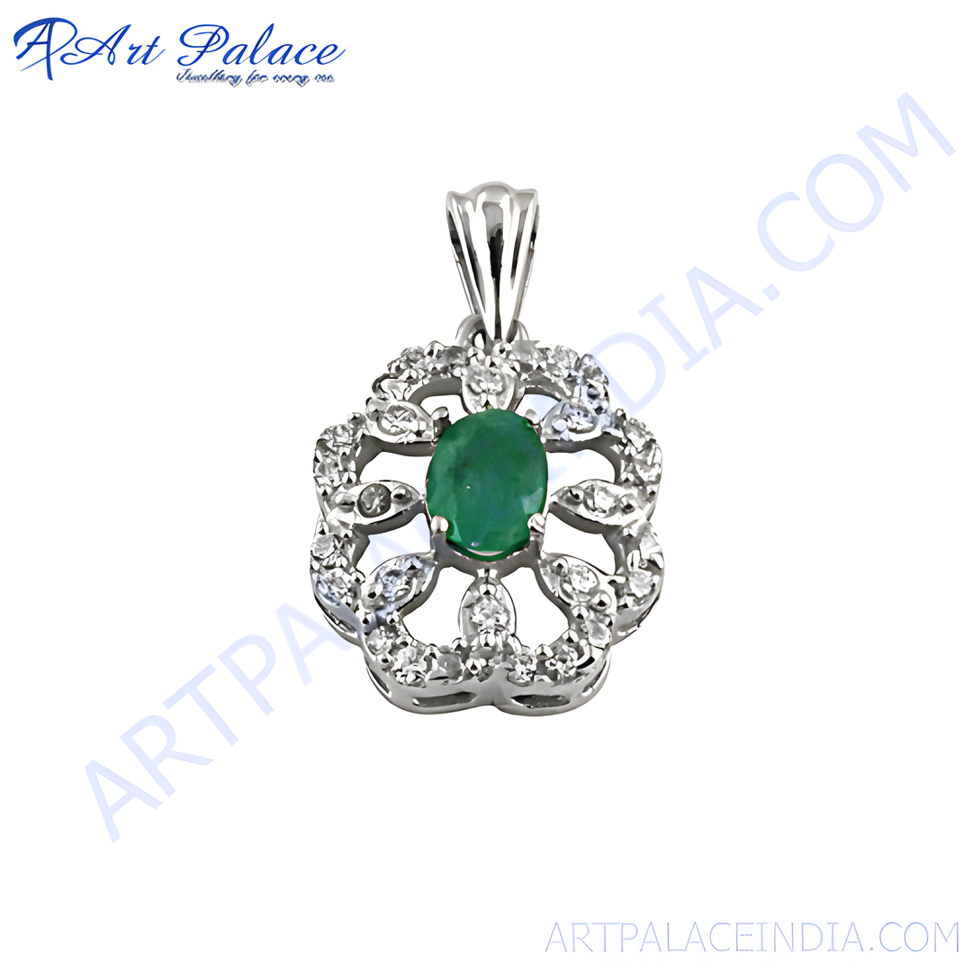 925 sterling silver flower pendant with oval emerald and diamond accents.