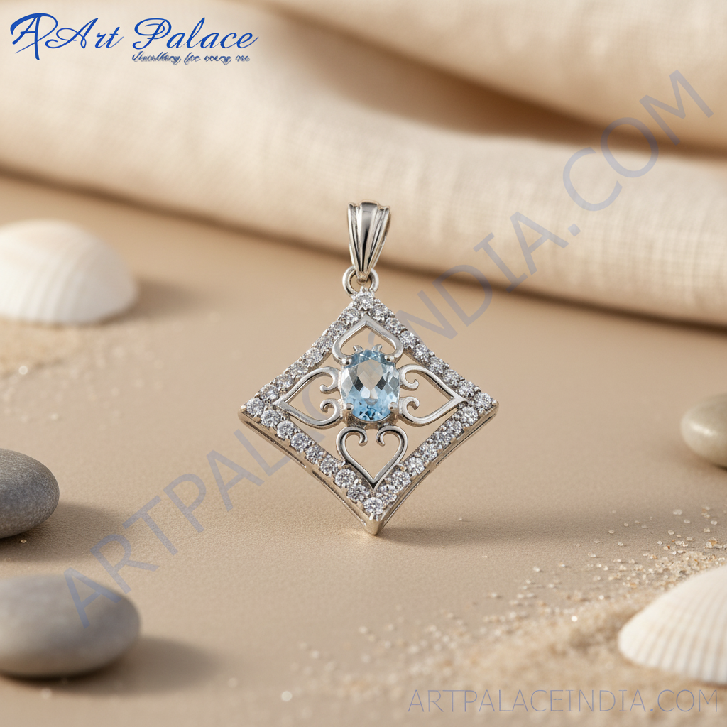 Colgante de topacio azul y diamante en plata 925 para mujer | Joyería de regalo