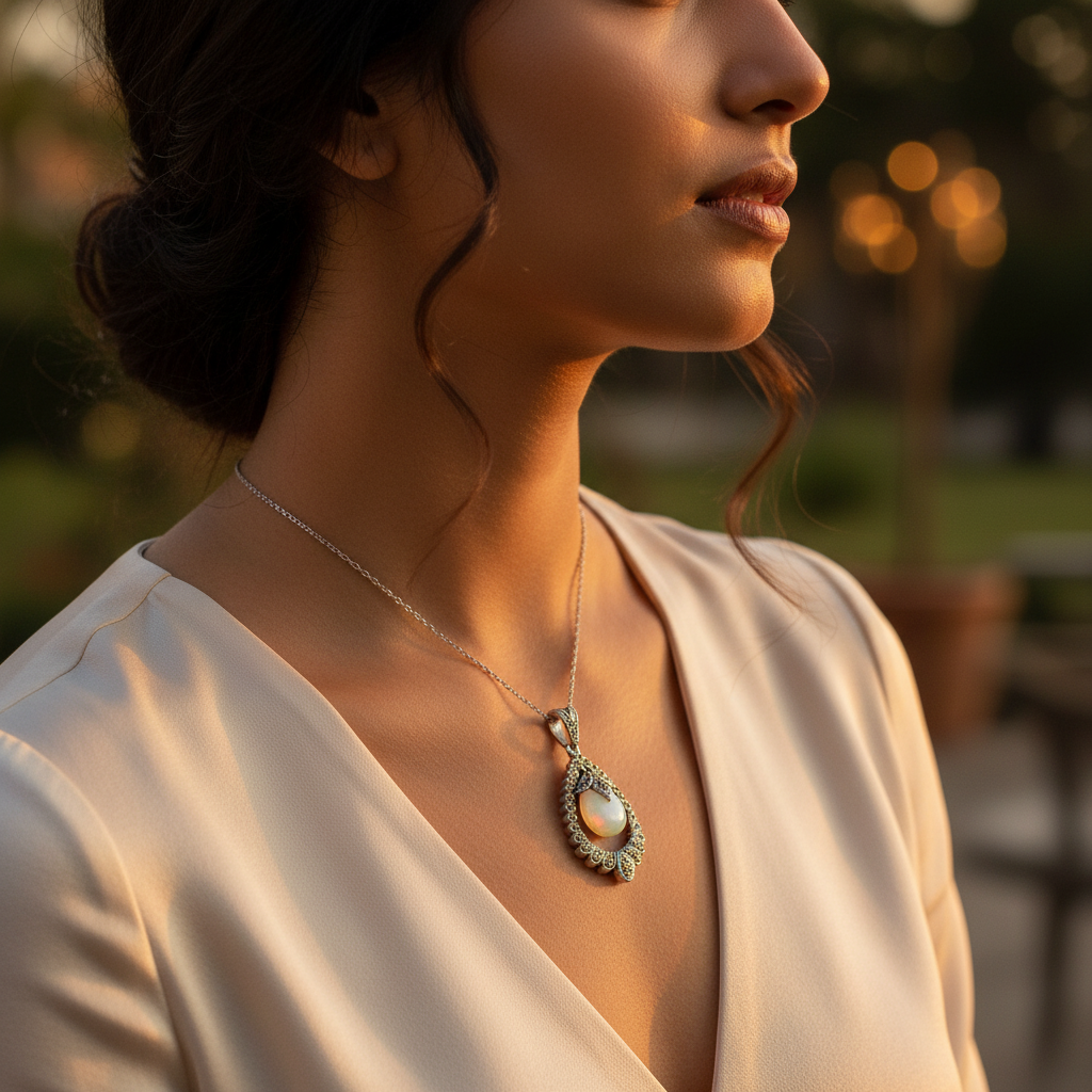 925 Silver Marcasite & Moonstone Pendant for Women | Gift Jewelry