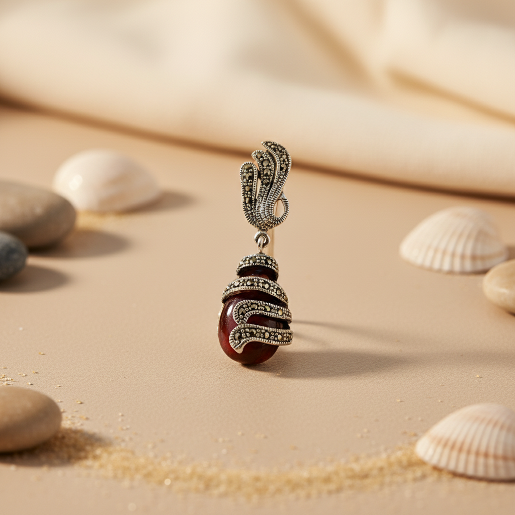 925 Silver & Garnet Pendant | Marcasite Accents | For Women