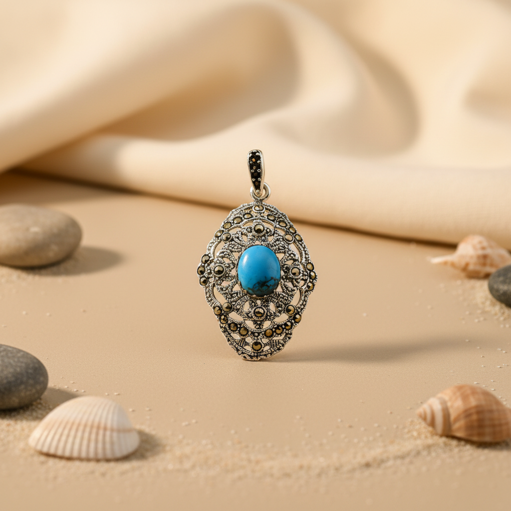925 Silver Turquoise Marcasite Pendant for Women | Art Deco Jewelry
