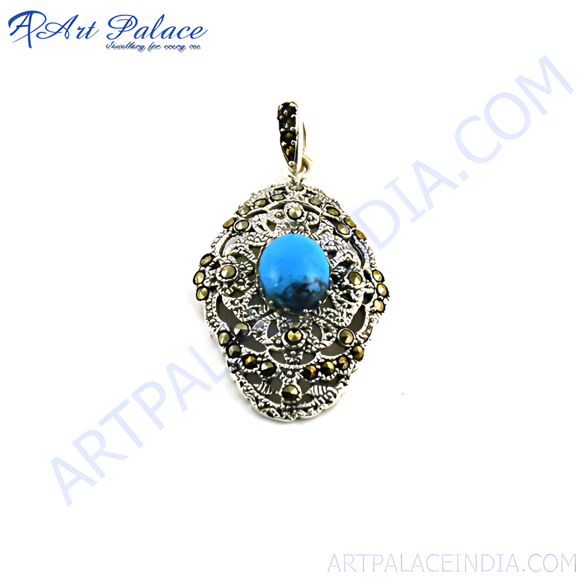 925 sterling silver pendant with a blue turquoise center stone and marcasite accents