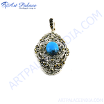 Load image into Gallery viewer, 925 sterling silver pendant with a blue turquoise center stone and marcasite accents
