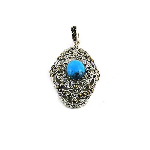 925 Silver Turquoise Marcasite Pendant for Women | Art Deco Jewelry
