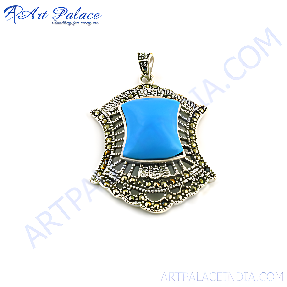 925 sterling silver pendant with a turquoise gemstone center and marcasite accents