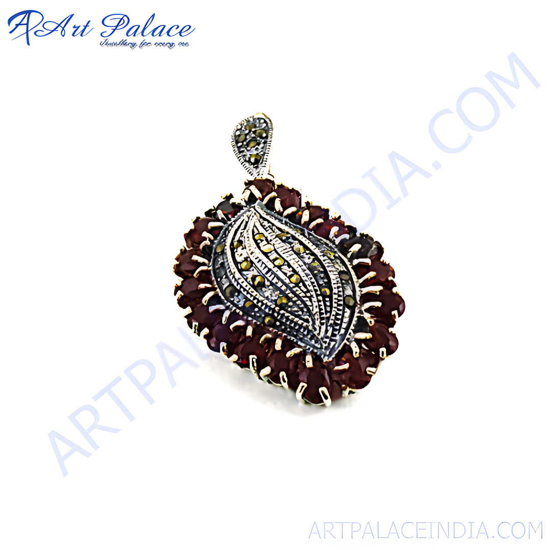 Sterling silver garnet and marcasite pendant with red and black gemstone design