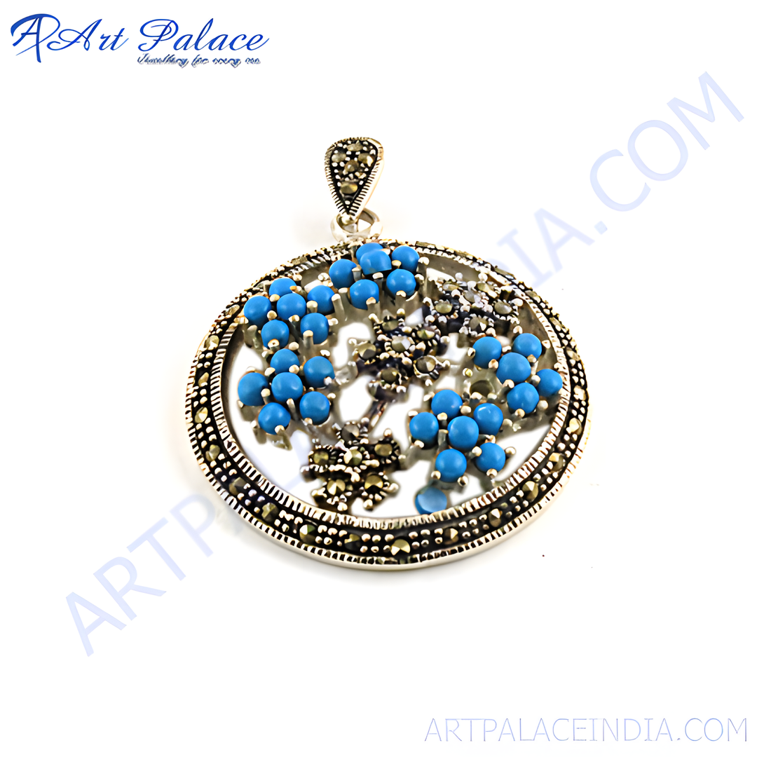 925 sterling silver pendant with blue turquoise gemstones. Round openwork design for women.