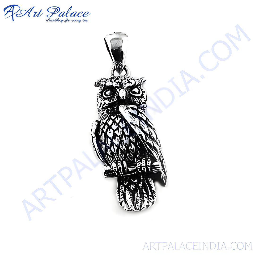 925 sterling silver owl pendant necklace with intricate details on a white background.