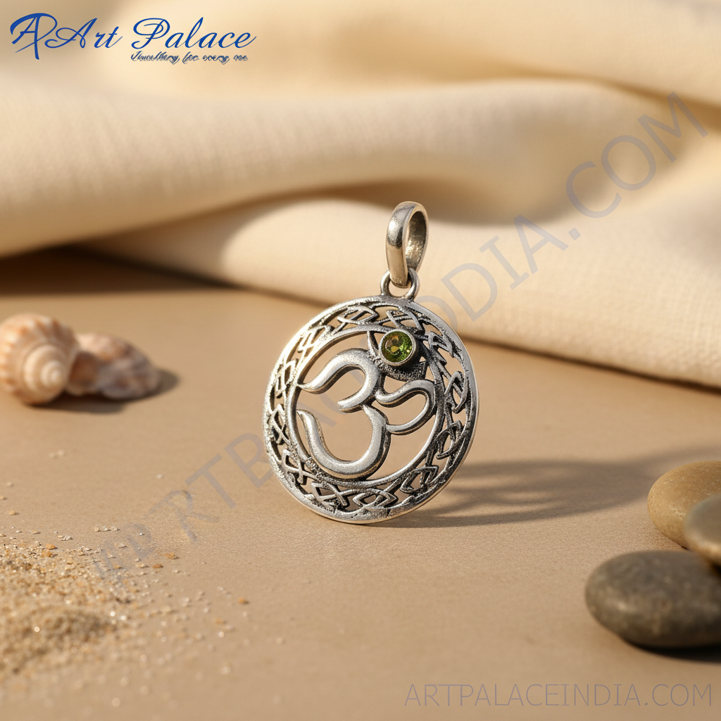 925 Silver Om Pendant with Green Stone | Spiritual Jewelry