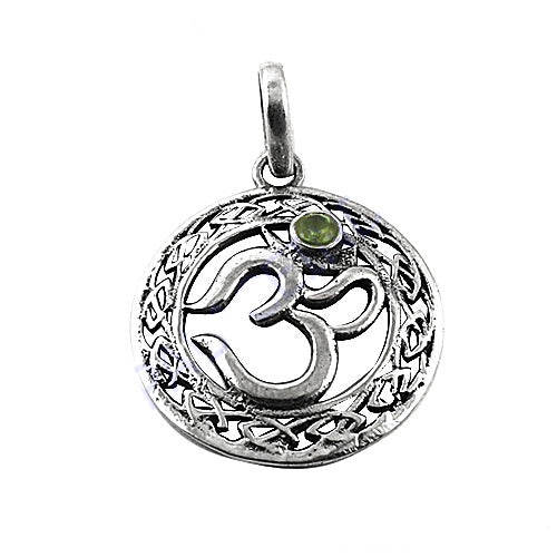 925 Silver Om Pendant with Green Stone | Spiritual Jewelry