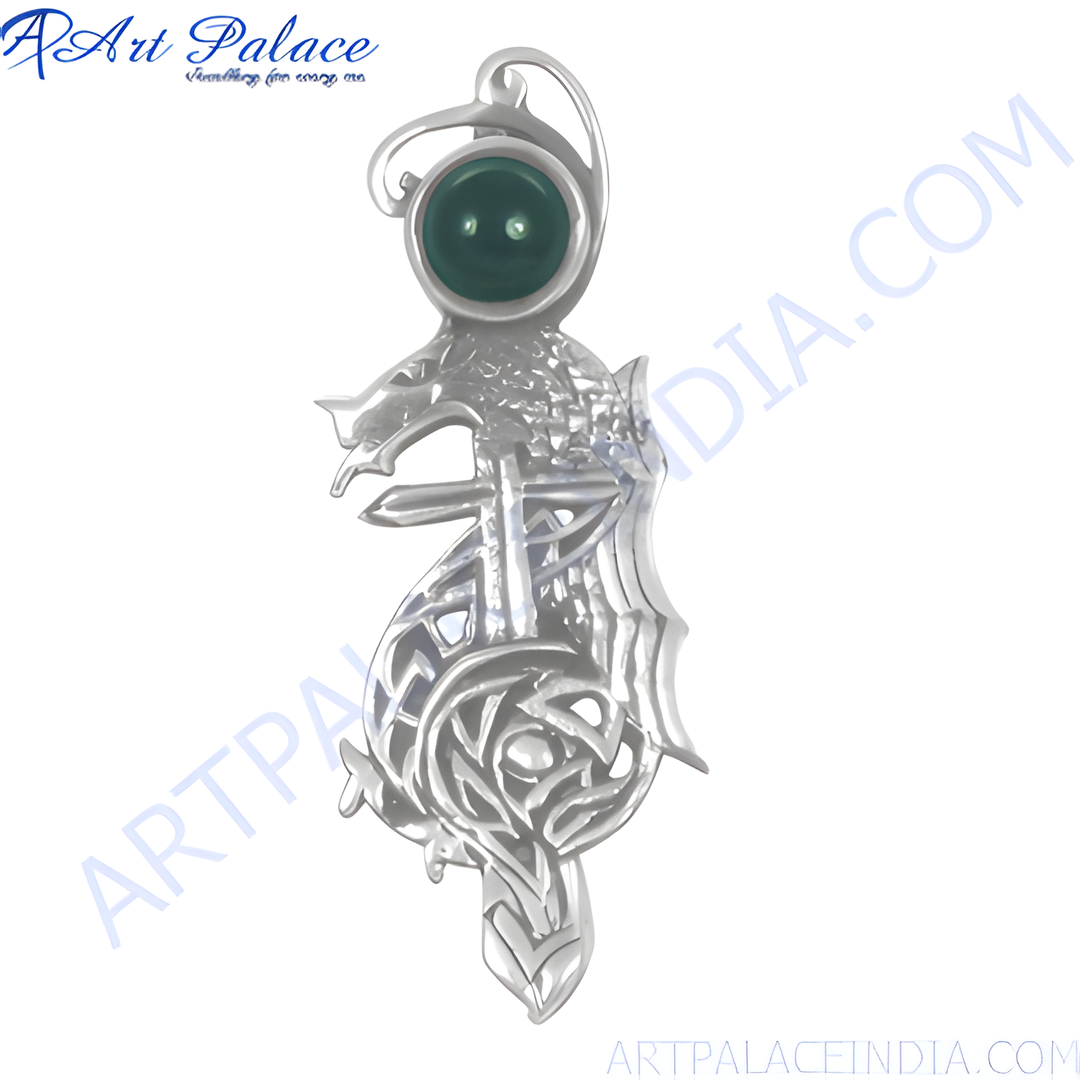 925 sterling silver dragon pendant with green gemstone center